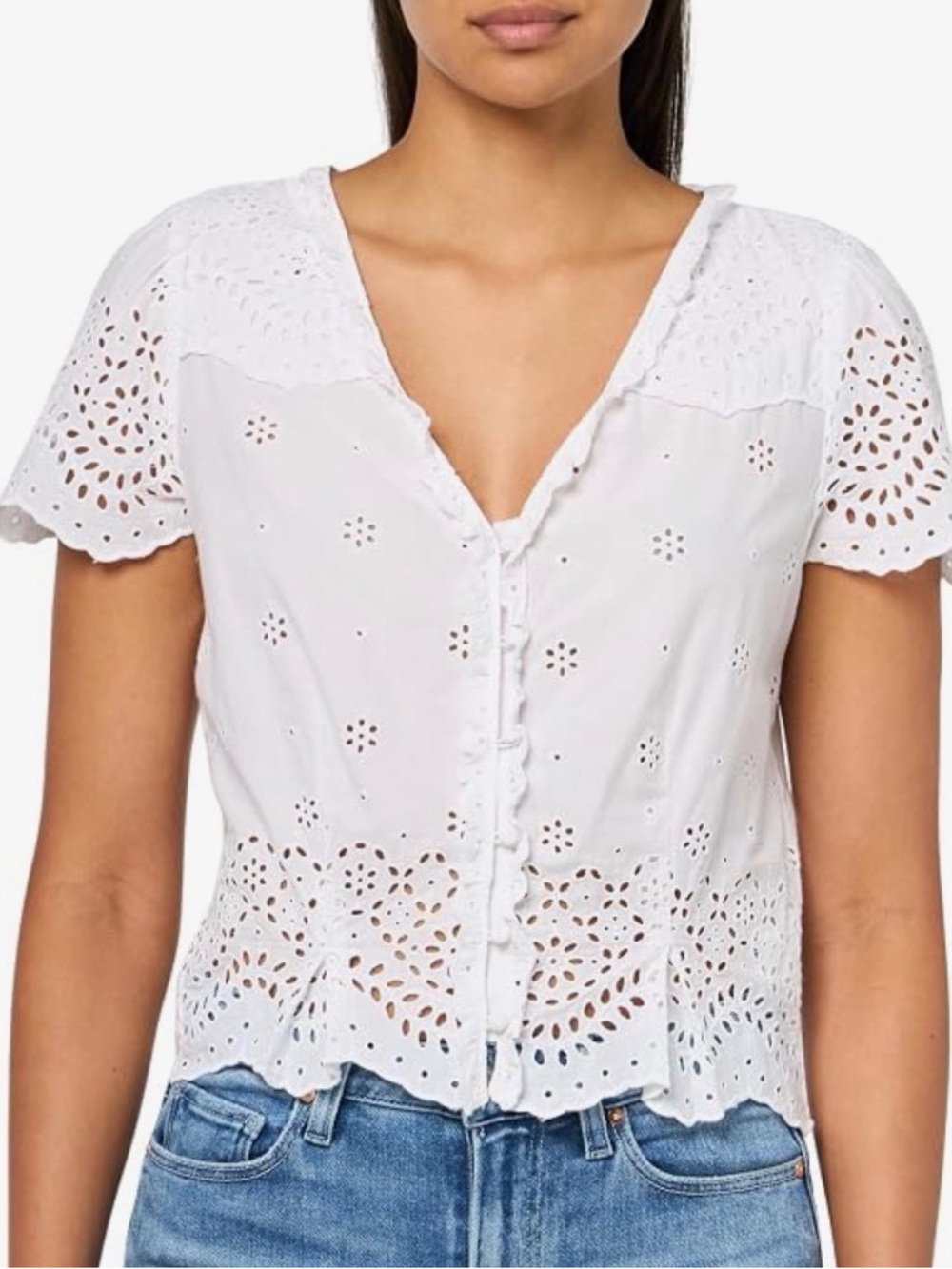 PAIGE White Eyelet Ruffle-Trim Button Front Top women’s size 12 NWT